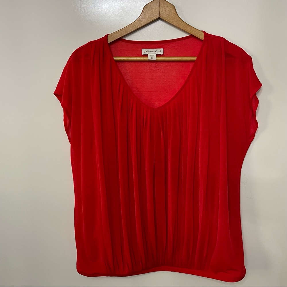 Coldwater Creek Bright Red Flowy Pleated Blouse V-Neck, Size  XL